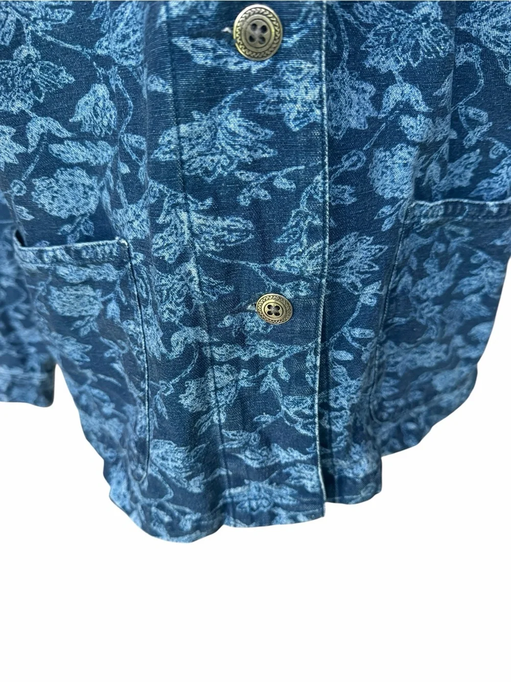 Y2K Faded Glory 100% Cotton Dark Indigo Wash Pale Blue Floral Print Denim Jacket